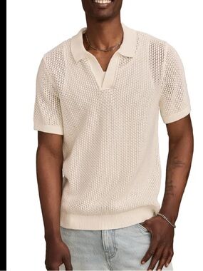 Lucky Brand Cream Pointelle Open Knit Johnny Collar Sweater Top Large